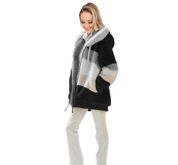 Winter plush multicolor hooded jacket