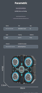 Product packaging with dimensions, material, and usage information on a dark background