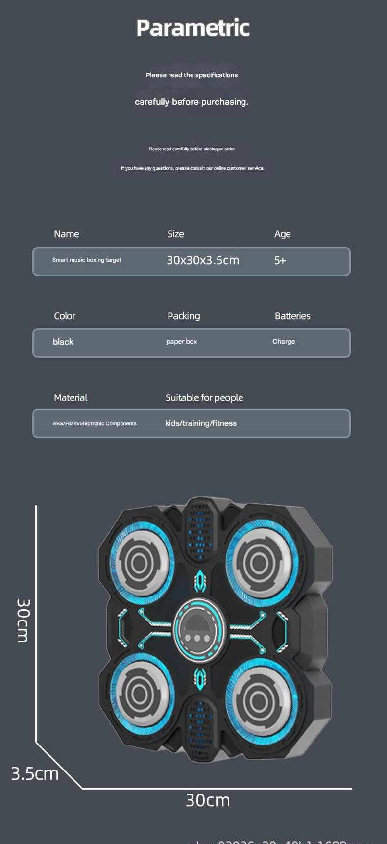 Product packaging with dimensions, material, and usage information on a dark background
