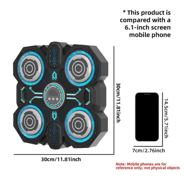 Black and blue Musical Boxing Machine, Smart Children's Toy for Home Use with circular patterns, compared in size to a 6.1-inch screen mobile phone.