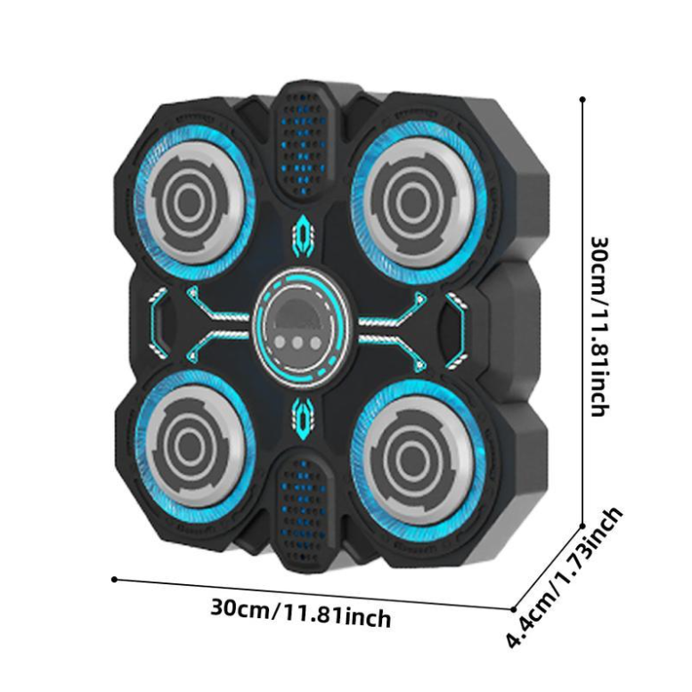 Musical Boxing Machine, Smart Children's Toy for Home Use with blue and gray design, showing measurements on a white background