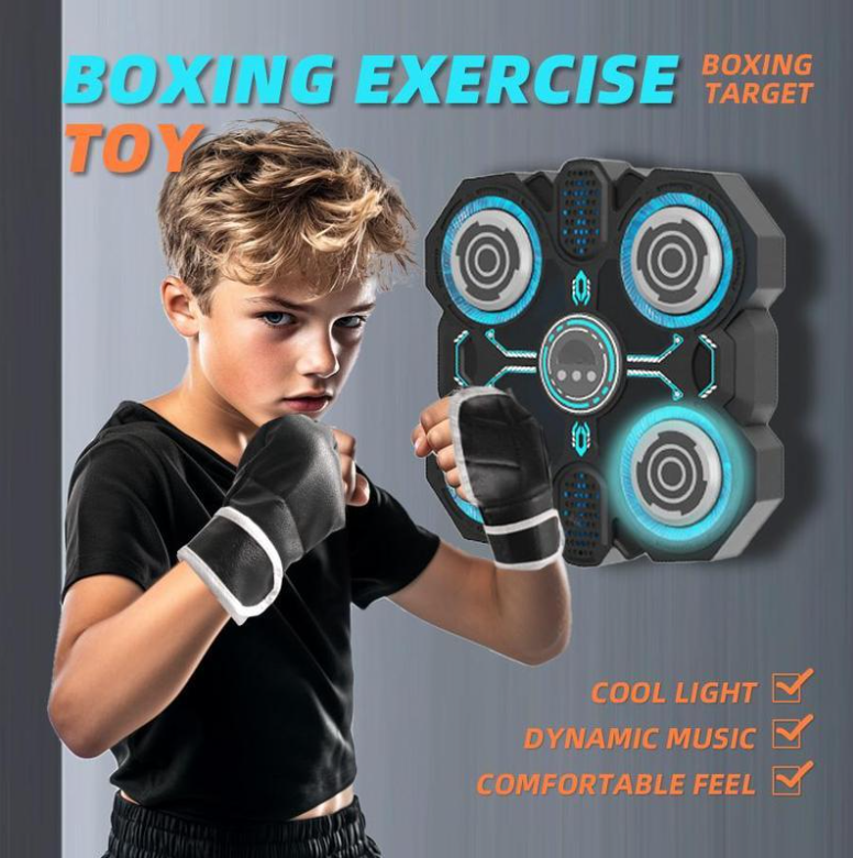Child with boxing gloves and a Musical Boxing Machine, Smart Children's Toy for Home Use on a gray background