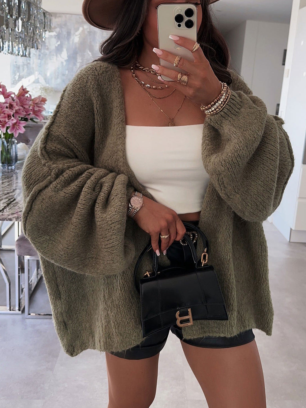 Casual Loose Solid Color Mid-length Knitted Cardigan Coat for Women