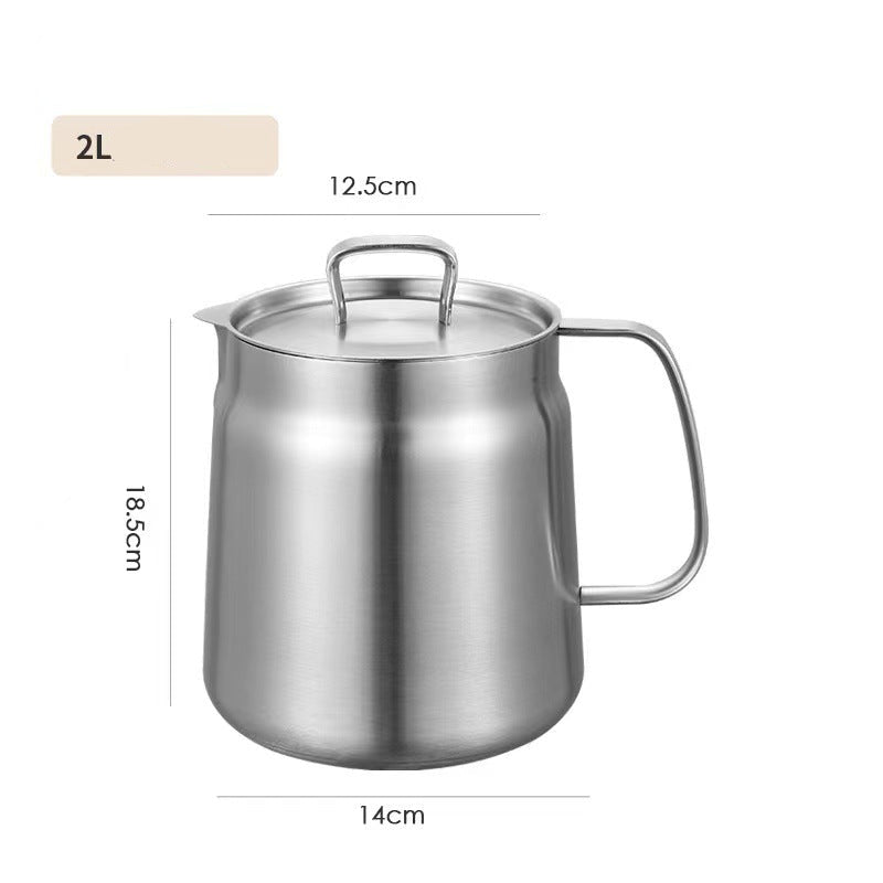 Stainless steel milk jug with dimensions on a white background