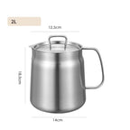 Stainless steel milk jug with dimensions on a white background