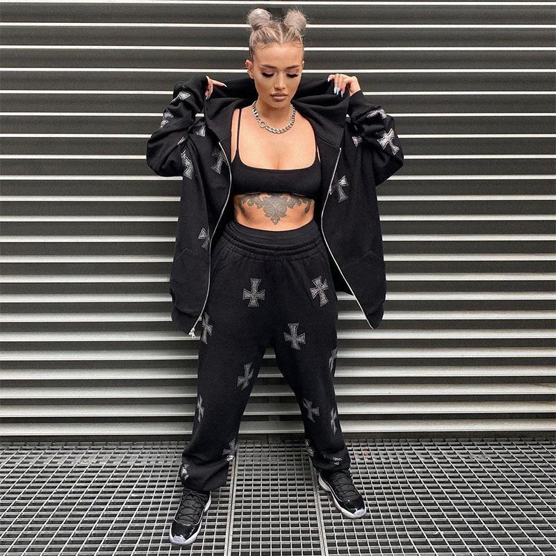 Loose top cross ironing diamond zipper hooded sweater