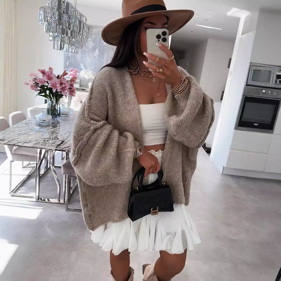 Casual Loose Solid Color Mid-length Knitted Cardigan Coat for Women