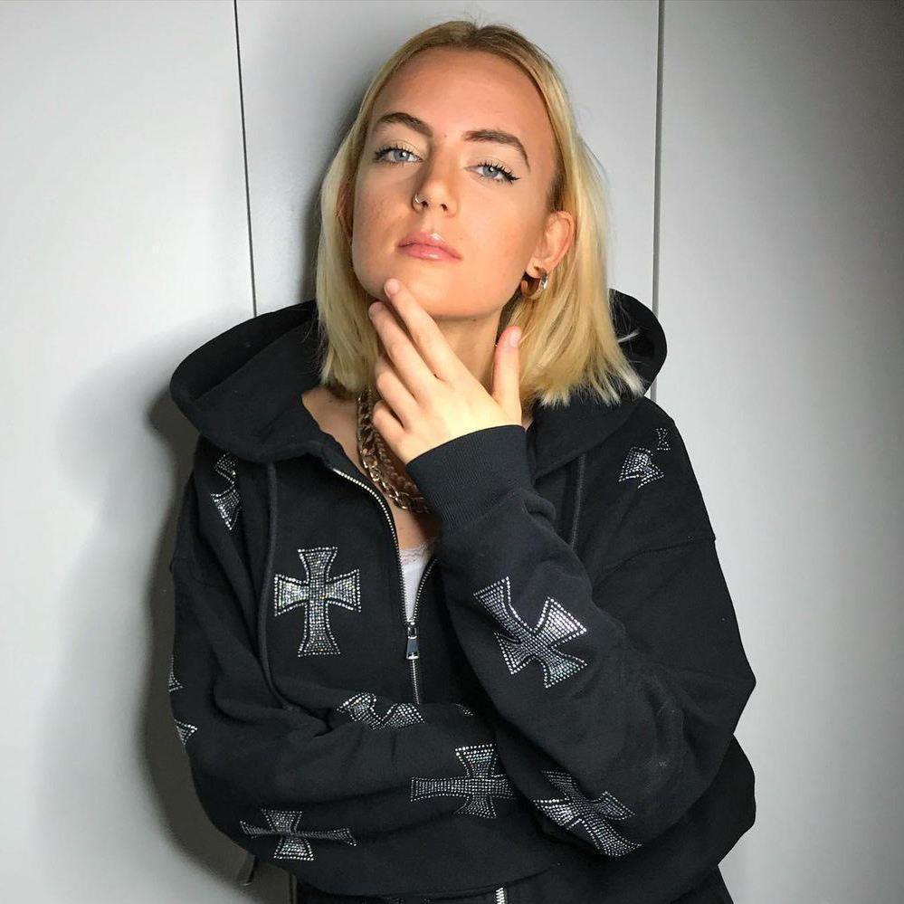 Loose top cross ironing diamond zipper hooded sweater