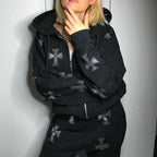 Loose top cross ironing diamond zipper hooded sweater
