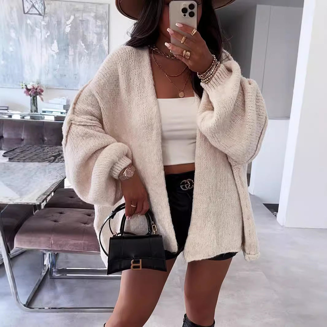Casual Loose Solid Color Mid-length Knitted Cardigan Coat for Women