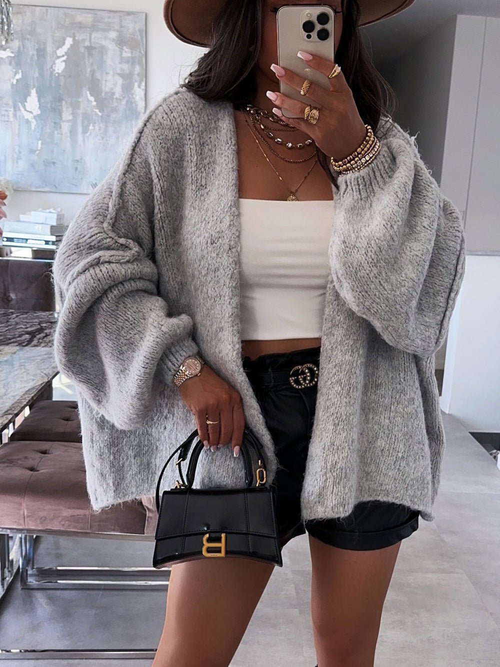 Casual Loose Solid Color Mid-length Knitted Cardigan Coat for Women