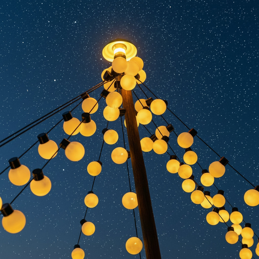 String lights with a close-up of a bulb against a dark blue sky.