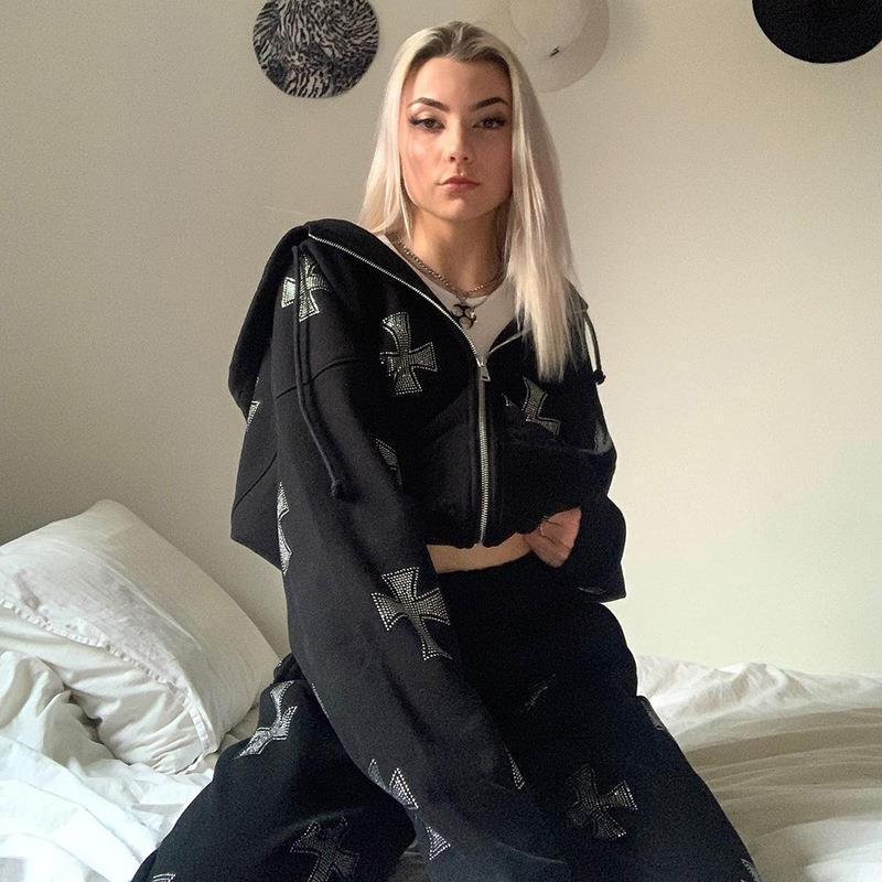 Loose top cross ironing diamond zipper hooded sweater