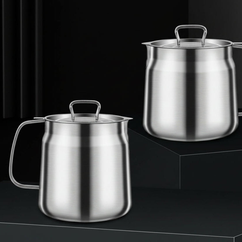 Two stainless steel pots with lids on a black background, featuring the number 304.