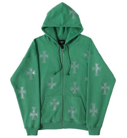 Loose top cross ironing diamond zipper hooded sweater
