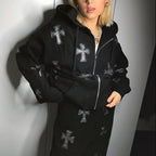 Loose top cross ironing diamond zipper hooded sweater