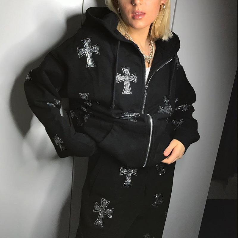 Loose top cross ironing diamond zipper hooded sweater