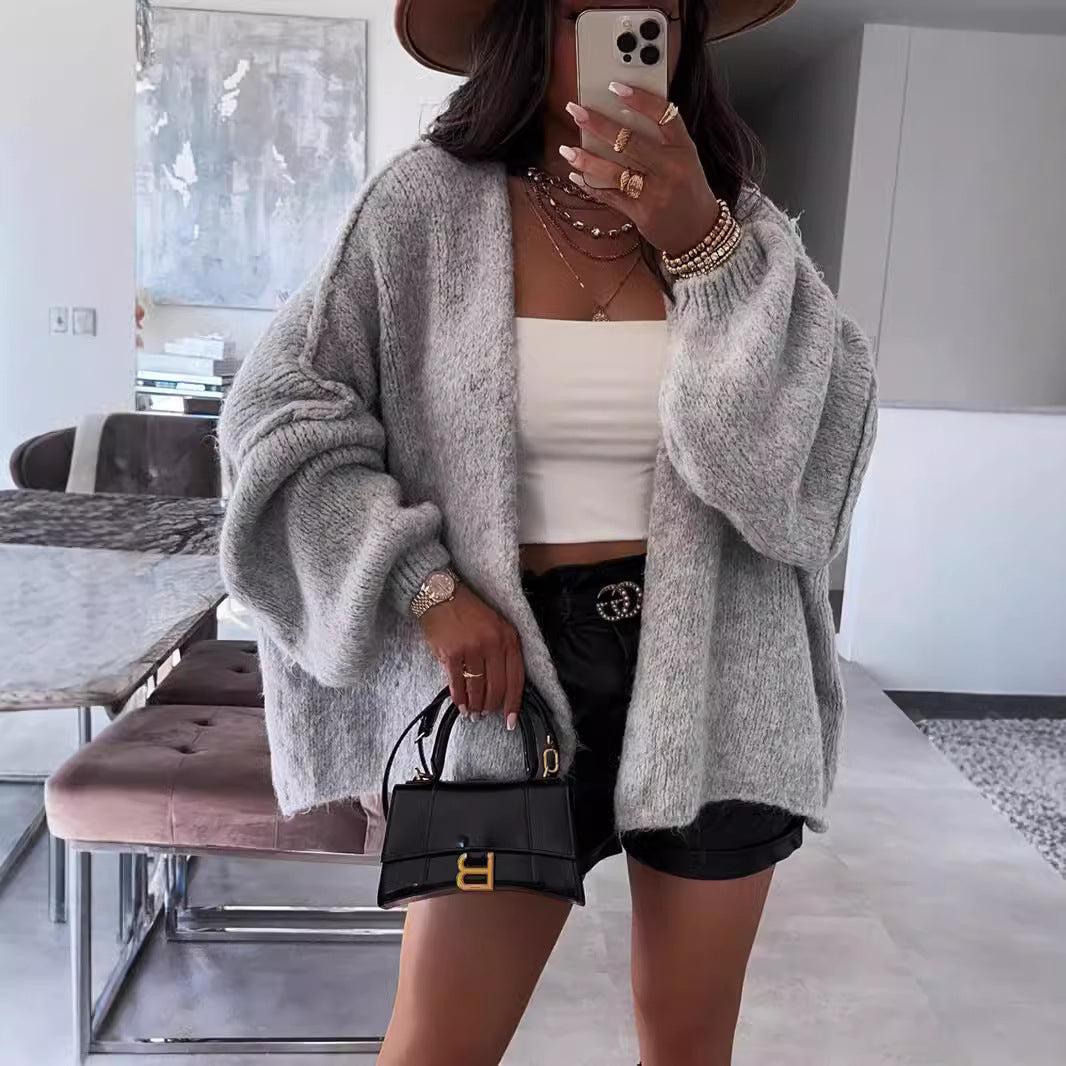 Casual Loose Solid Color Mid-length Knitted Cardigan Coat for Women