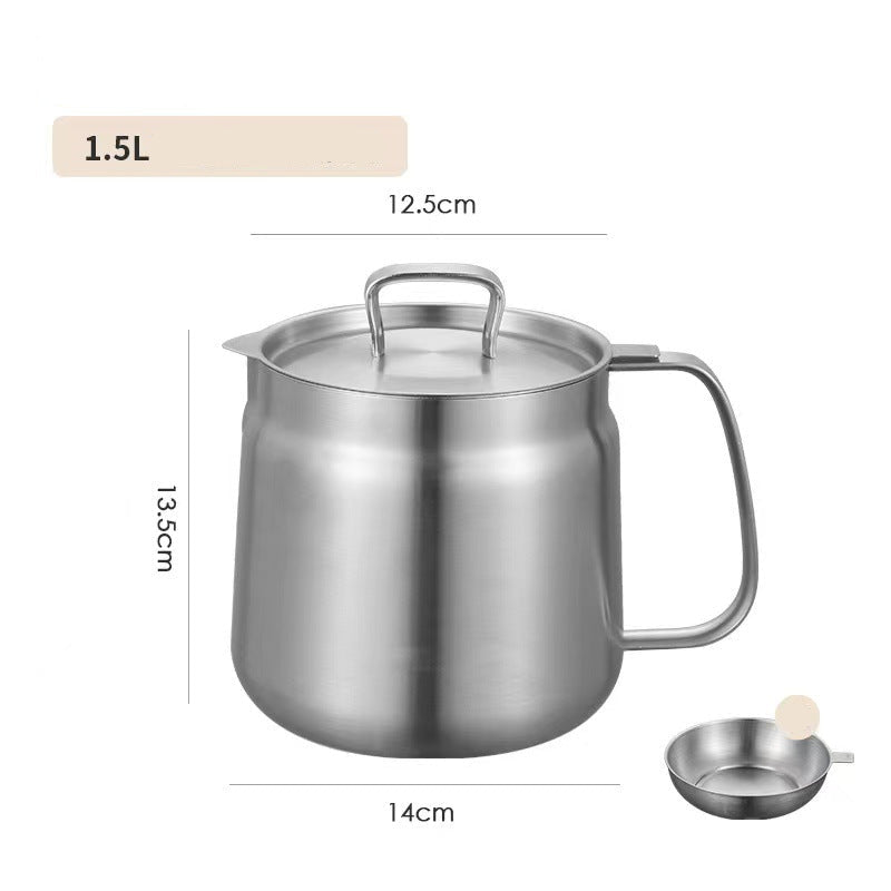 Stainless steel pot with lid and filter screen on a white background