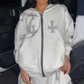 Loose top cross ironing diamond zipper hooded sweater