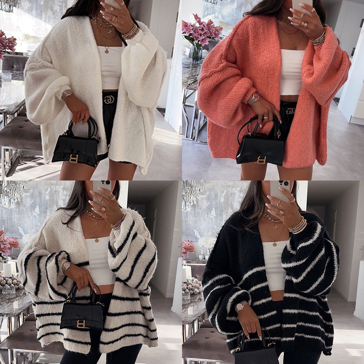 Casual Loose Solid Color Mid-length Knitted Cardigan Coat for Women