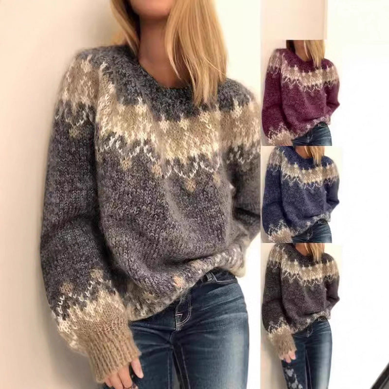 New women's autumn and winter casual loose mohair chunky knit printed women's sweater