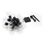String lights with clear bulbs and black connectors on a white background
