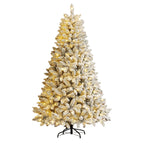 Decorated snow-flocked Christmas Tree with lights on a white background