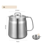 Stainless steel teapot with lid and filter on a white background