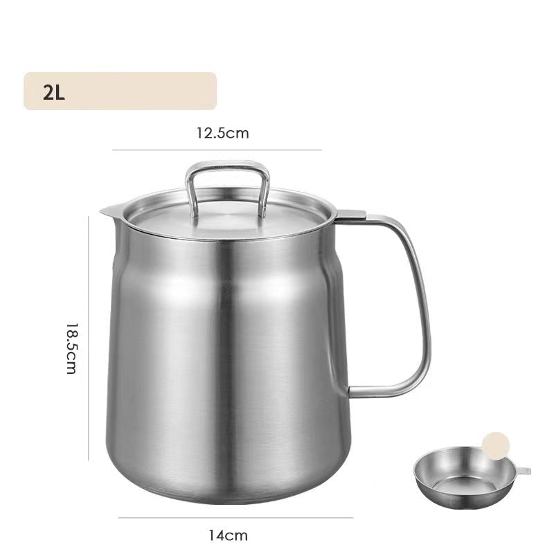 Stainless steel teapot with lid and filter on a white background