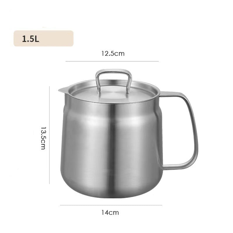 Stainless steel pot with lid and dimensions on a white background