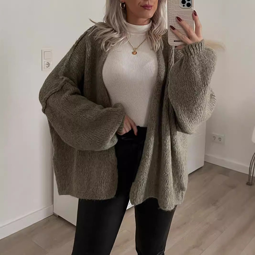 Casual Loose Solid Color Mid-length Knitted Cardigan Coat for Women
