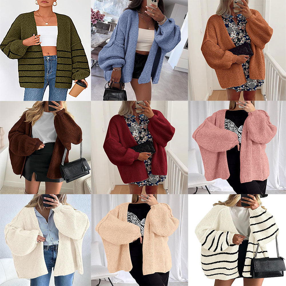 Casual Loose Solid Color Mid-length Knitted Cardigan Coat for Women