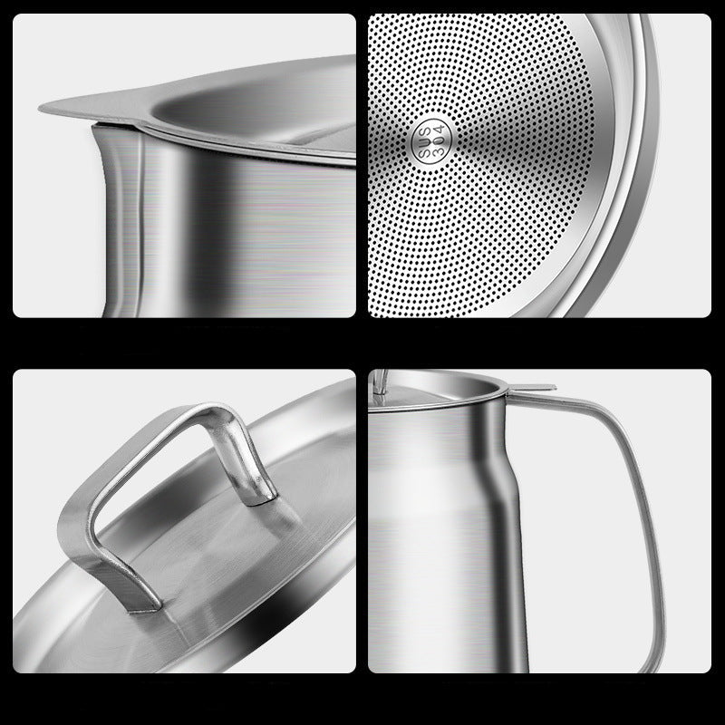 Collage of a stainless steel oil strainer with features highlighted.