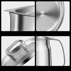 Collage of a stainless steel oil strainer with features highlighted.