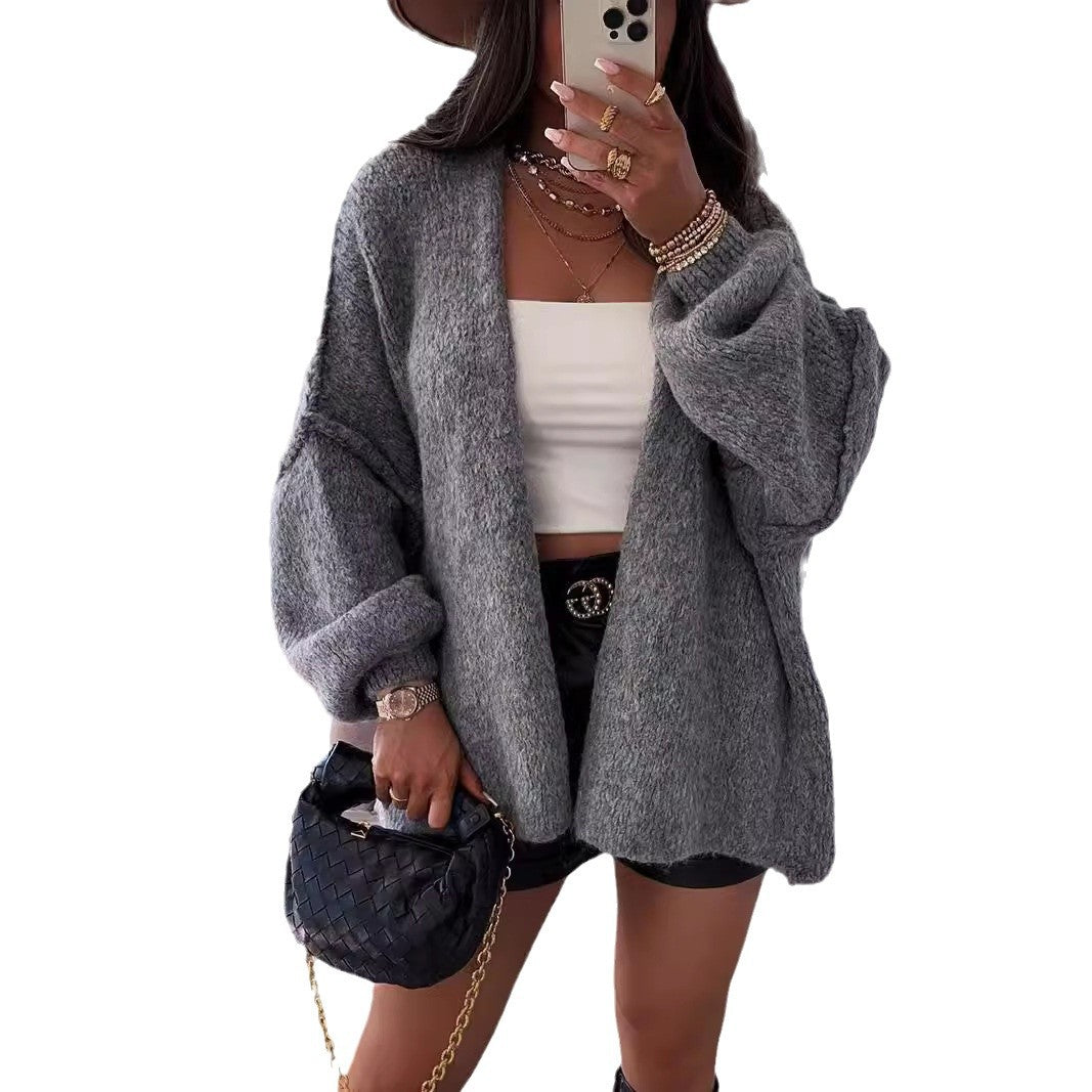Casual Loose Solid Color Mid-length Knitted Cardigan Coat for Women