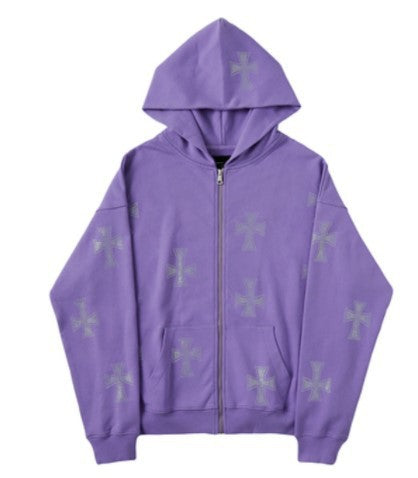 Loose top cross ironing diamond zipper hooded sweater