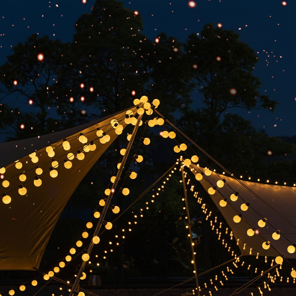 String lights decorating a tent with battery and USB options on a dark night sky background.