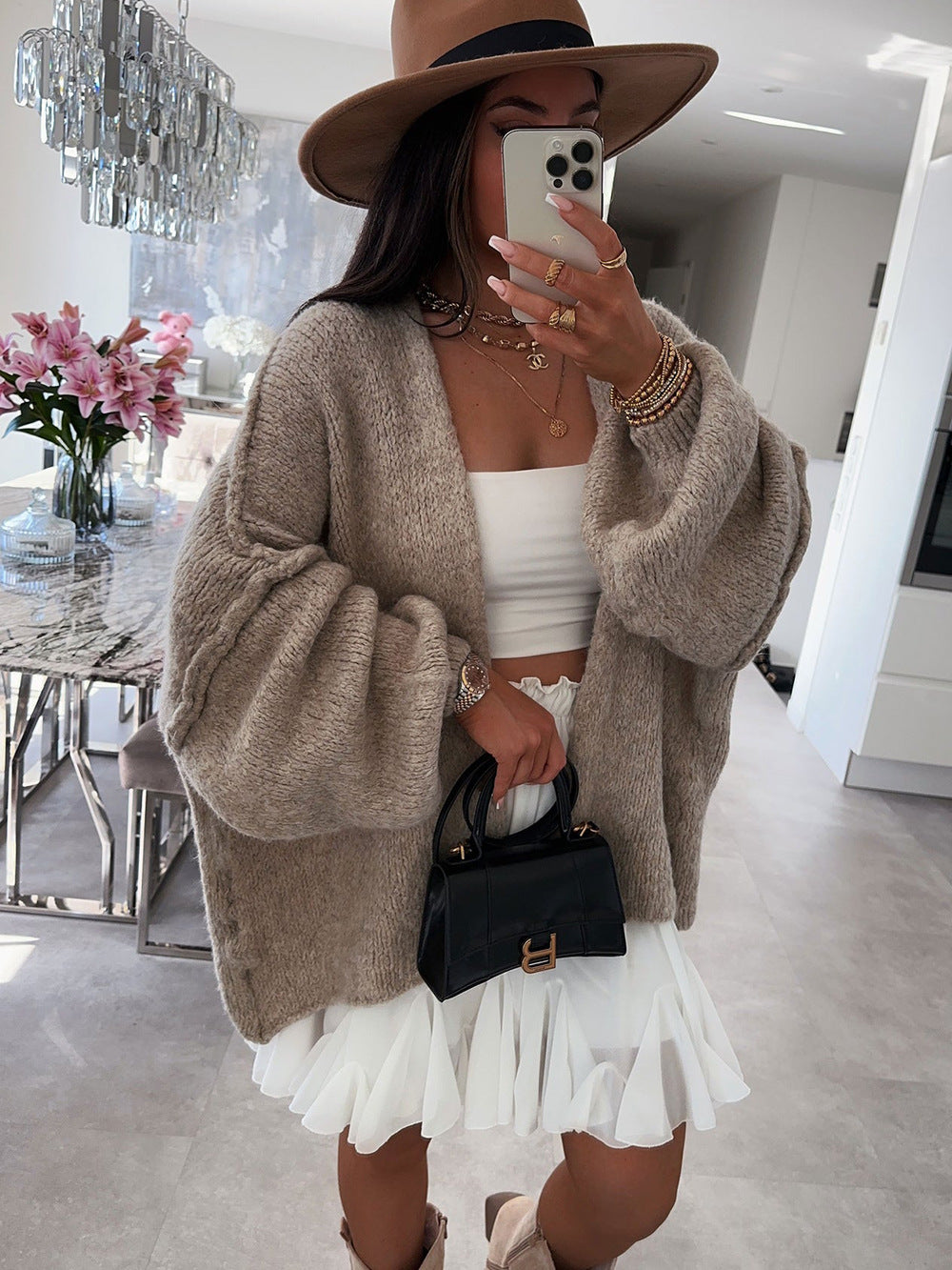 Casual Loose Solid Color Mid-length Knitted Cardigan Coat for Women